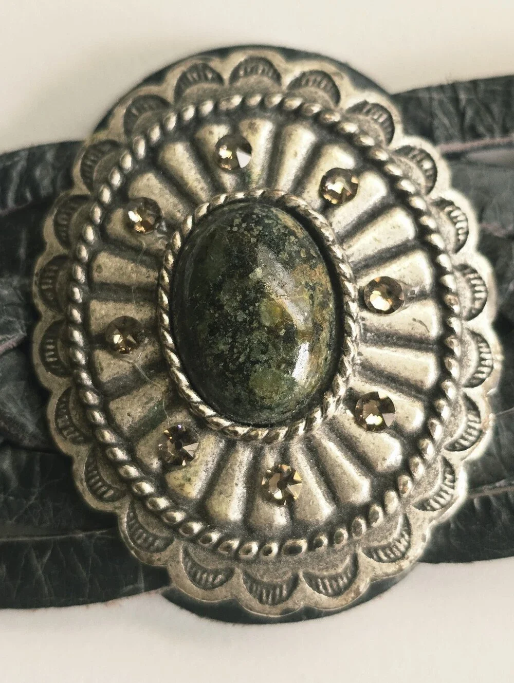 Leatherock USA Black Leather Concho Cuff Bracelet Stone Crystal Western 8.25